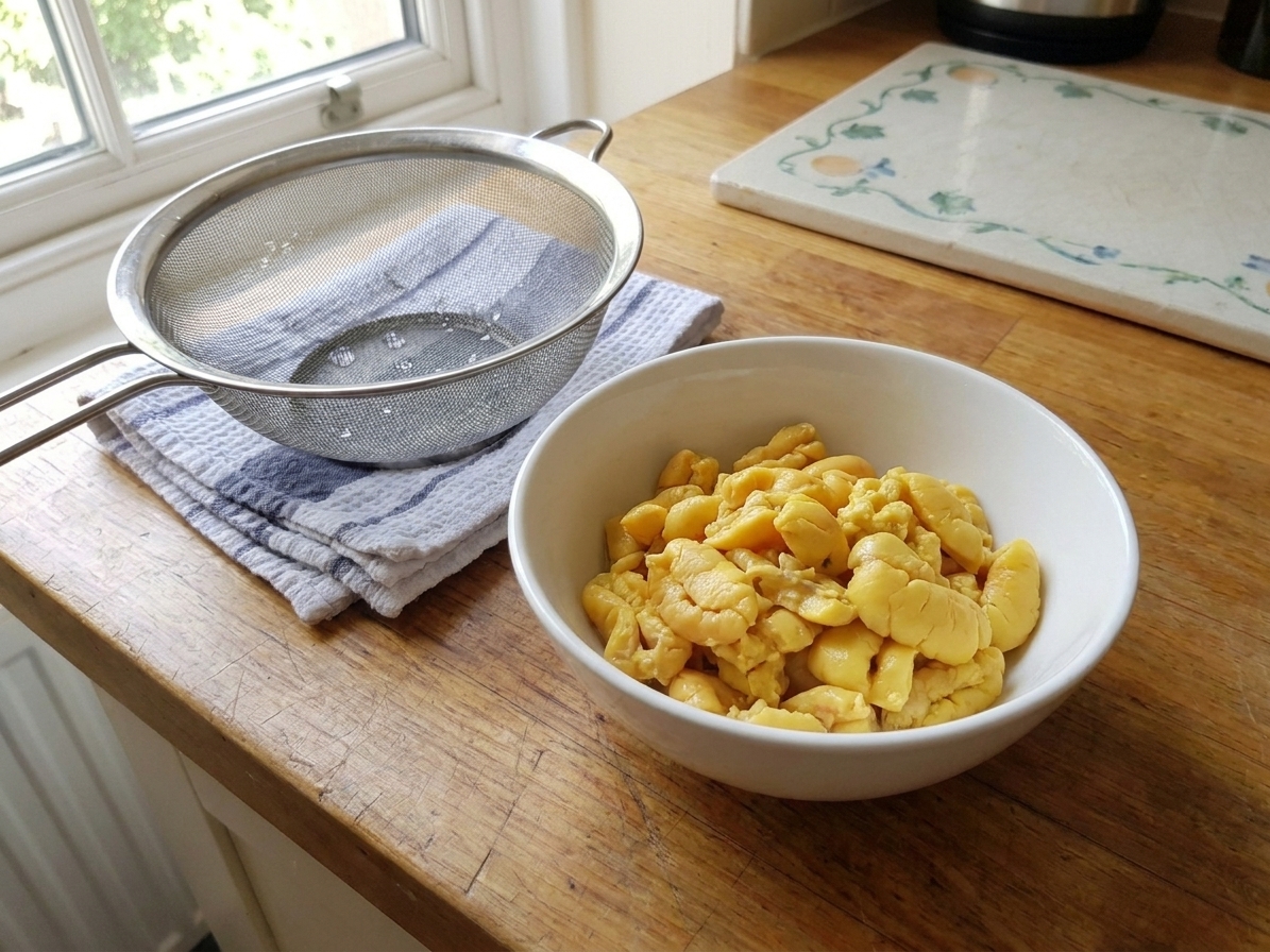 A bowl of drained canned ackee with soft golden pieces on a kitchen counter beside a colander
