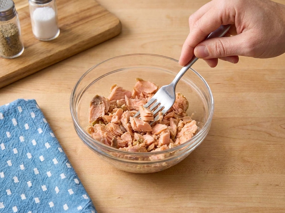A bowl of drained canned salmon being flaked with a fork on a kitchen counter