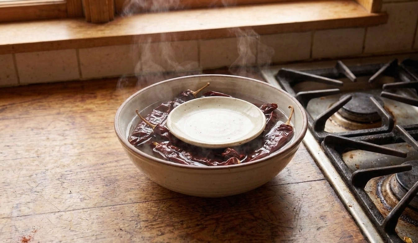 A bowl of dried chiles soaking in hot water on a kitchen counter with a small plate pressing them down