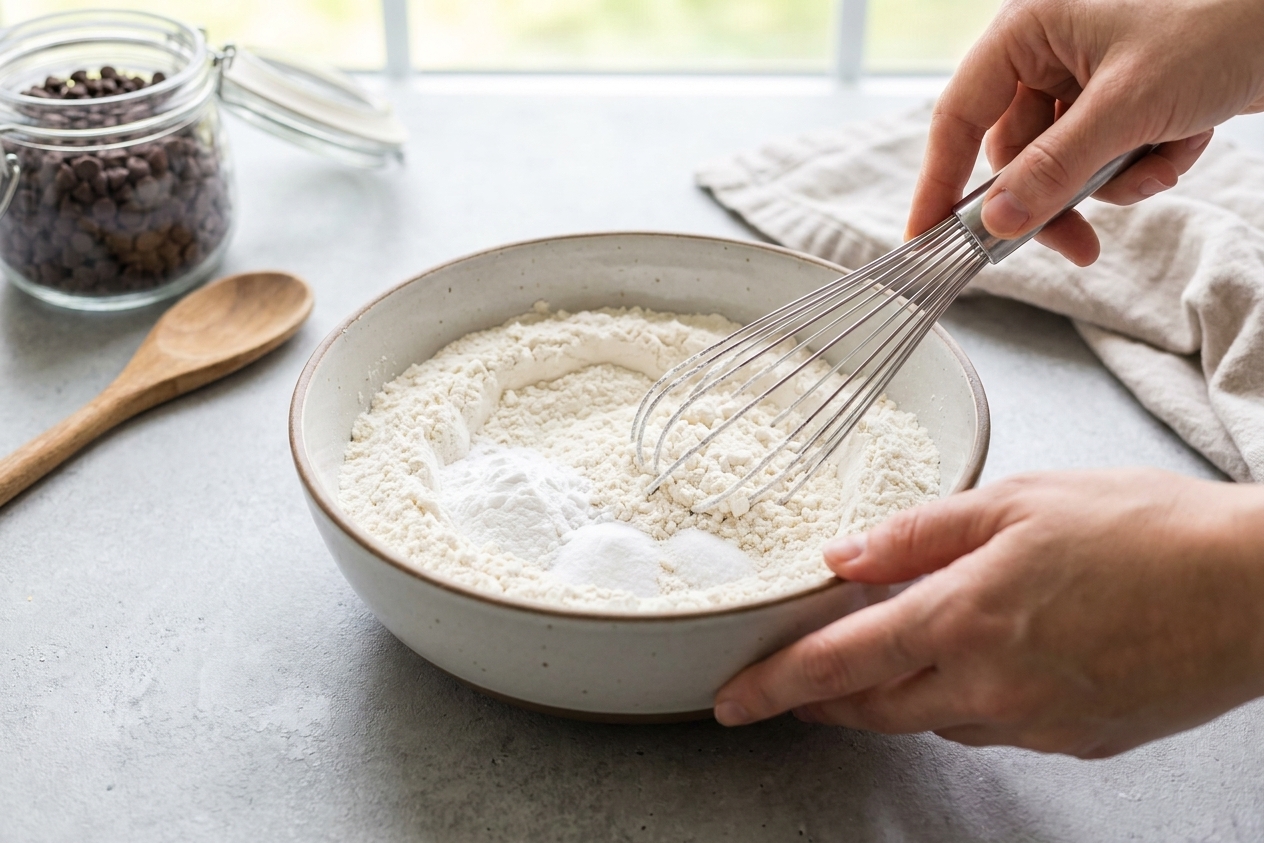 A bowl of dry ingredients for cake, including flour, baking powder, baking soda, and salt being whisked together on a kitchen counter