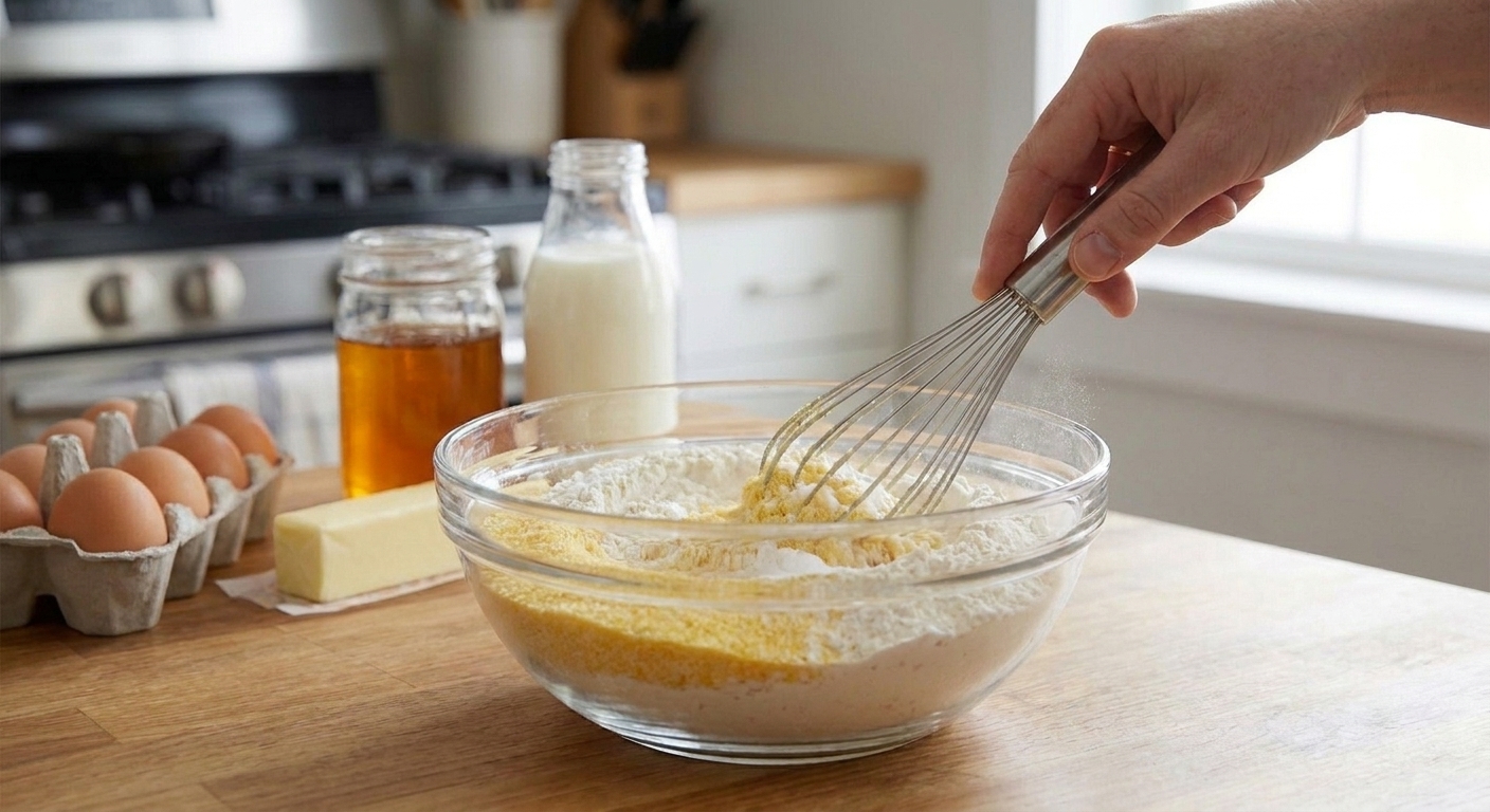A bowl of dry ingredients for cornbread being whisked together on a kitchen counter, with cornmeal and flour visible and no text on screen