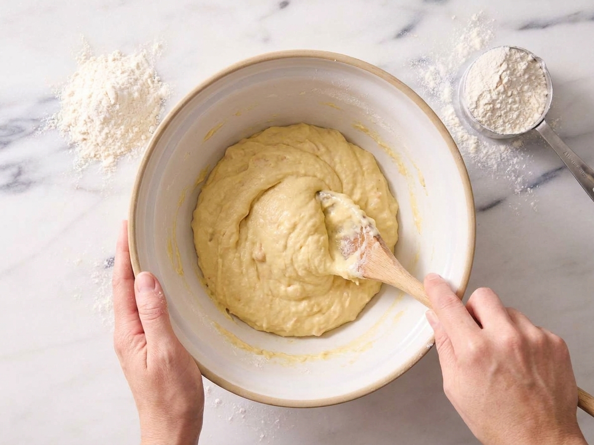 A bowl of dumpling dough being gently stirred with a wooden spoon on a kitchen counter with flour nearby
