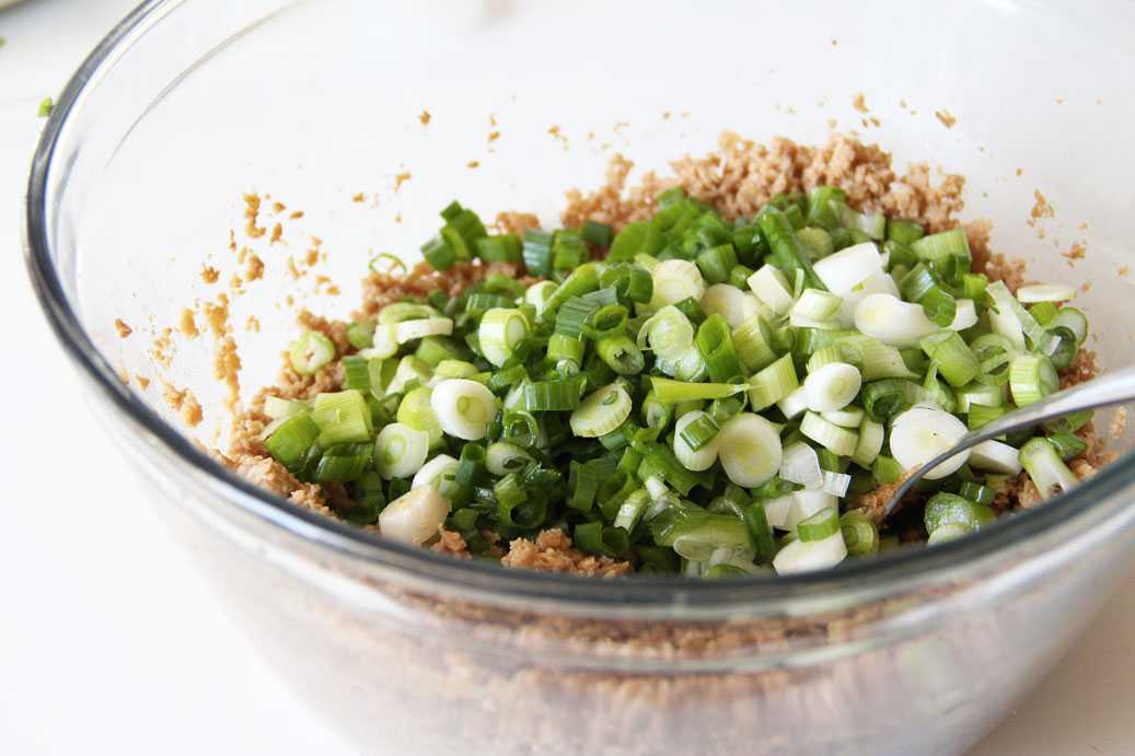 A bowl of dumpling filling fully mixed, showing a cohesive pork and cabbage mixture with visible scallions