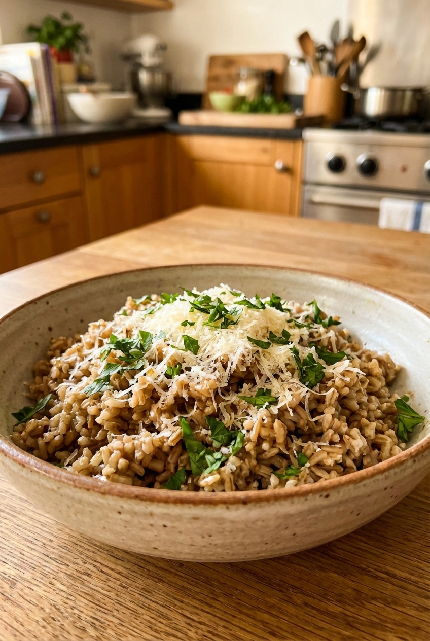 A bowl of earthy rice topped with Parmesan and parsley on a dinner table