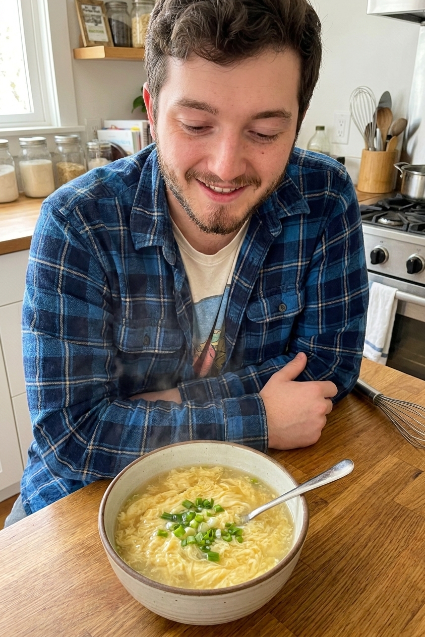 A bowl of egg drop soup with silky egg ribbons and sliced green onions on top, served with a spoon on a wooden table