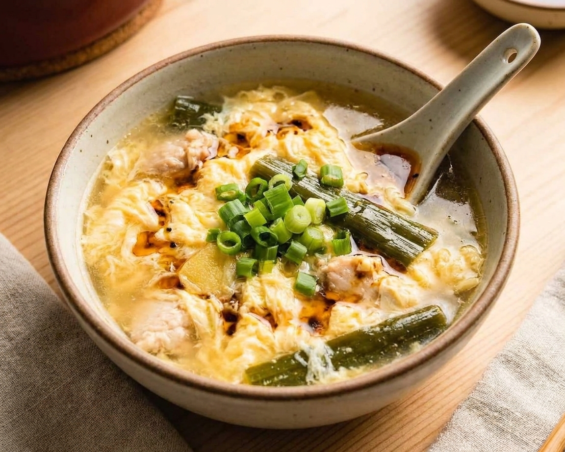 A bowl of egg flower soup on a simple table setting with a spoon, topped with scallions and a light drizzle of sesame oil