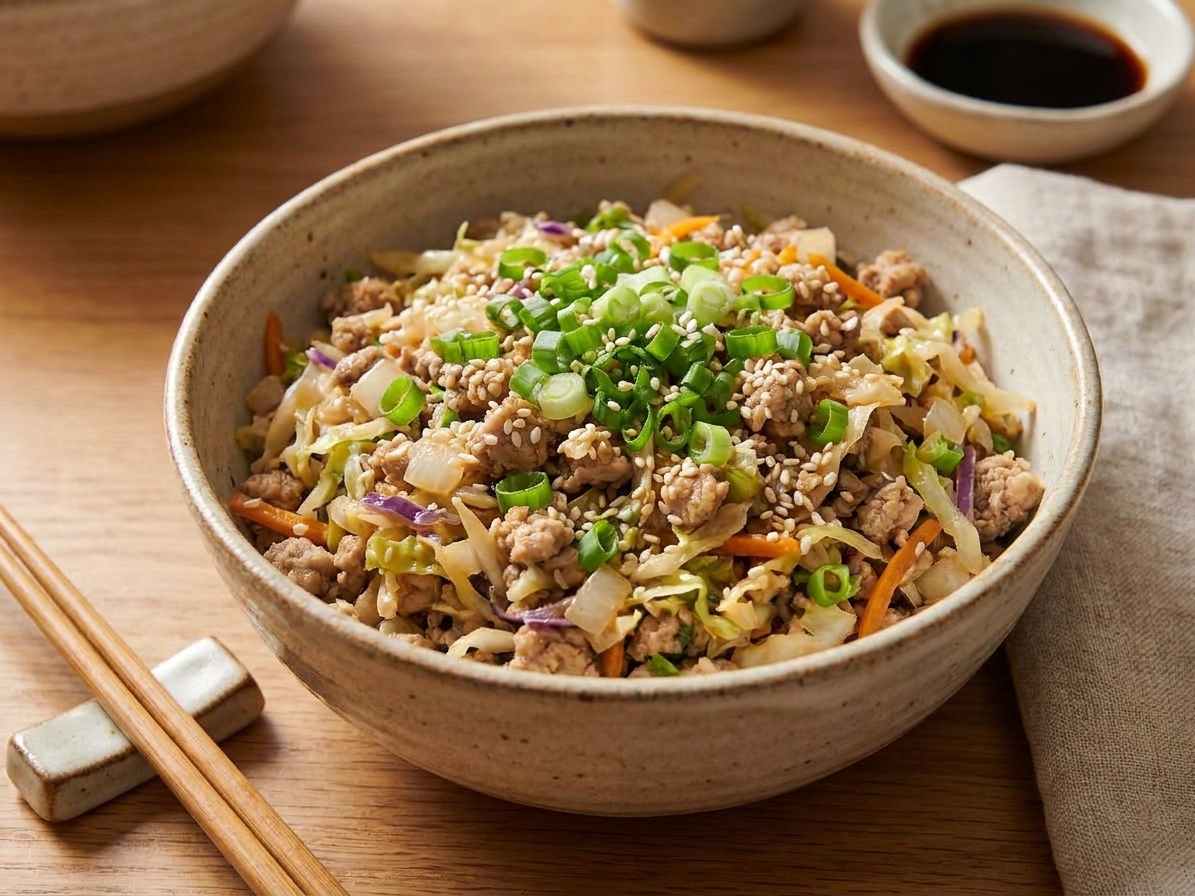 A bowl of egg roll in a bowl topped with sliced green onions and sesame seeds on a simple dinner table setting with chopsticks