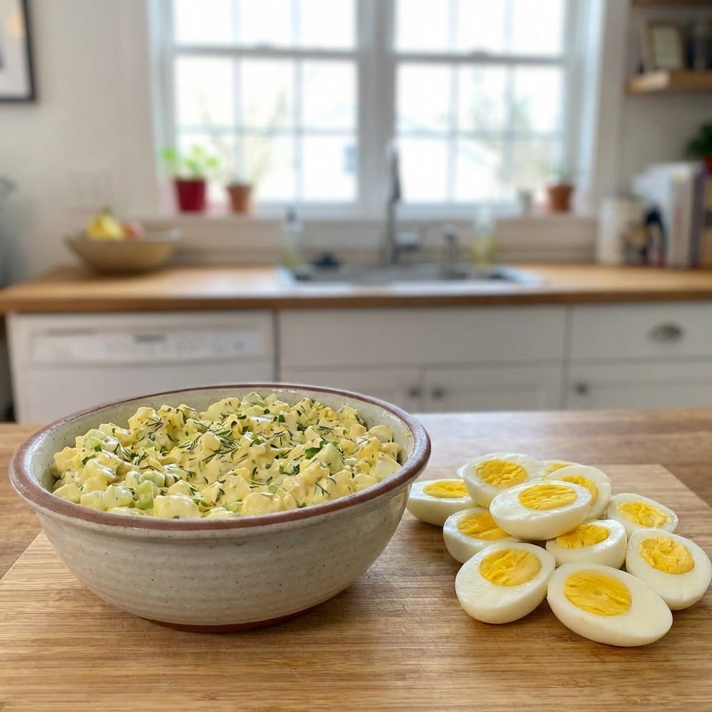 A bowl of egg salad with chopped herbs and celery next to halved hard-boiled eggs on a countertop