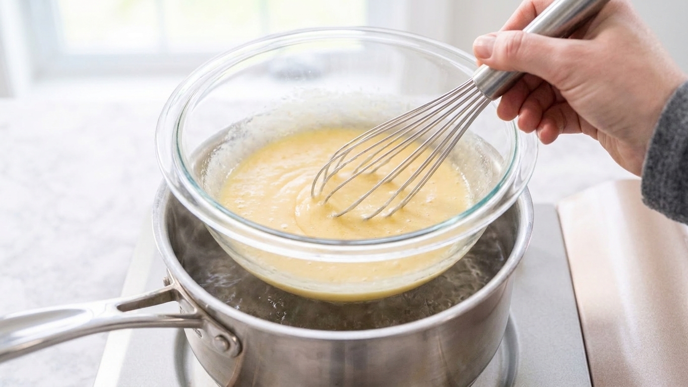 A bowl of eggs and sugar being whisked over a saucepan of simmering water on a stovetop