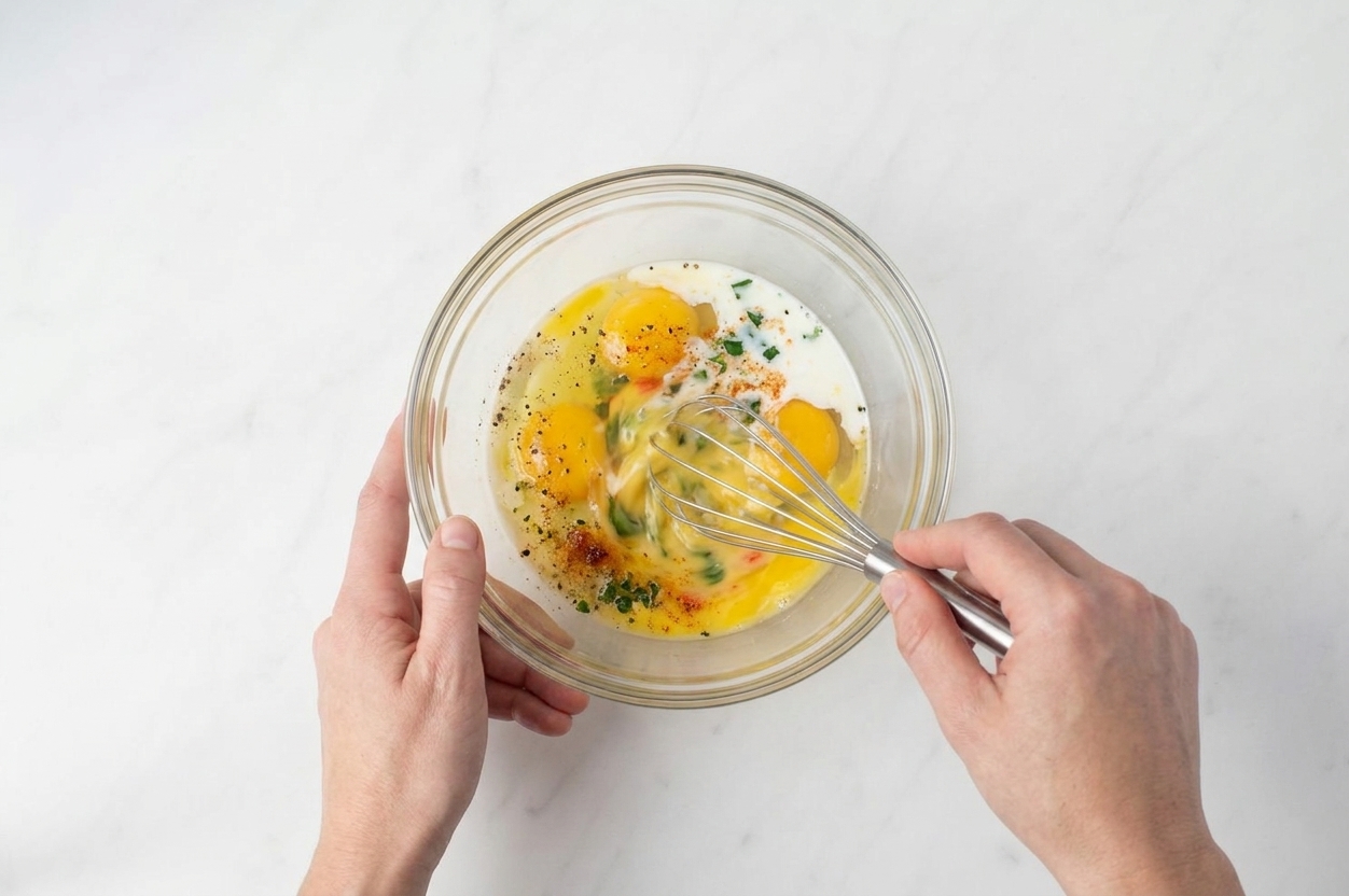 A bowl of eggs being whisked with milk and spices on a light kitchen counter