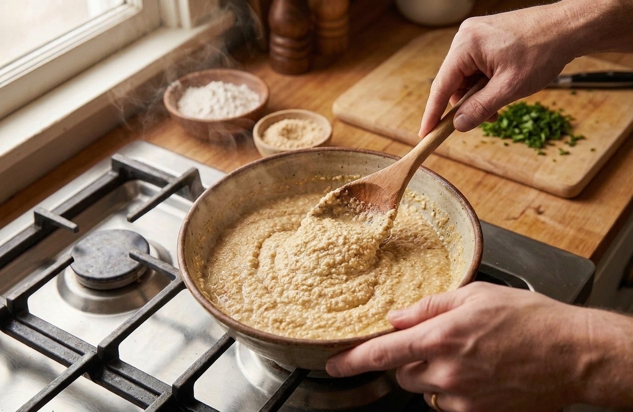 A bowl of egusi paste being stirred with a spoon, thick and creamy with a light tan color