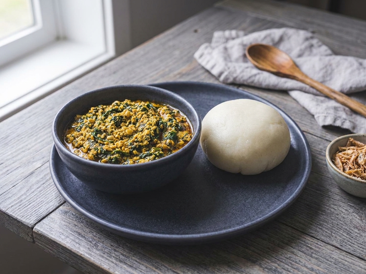 A bowl of egusi soup served beside a smooth white ball of fufu on a simple dinner plate on a wooden table