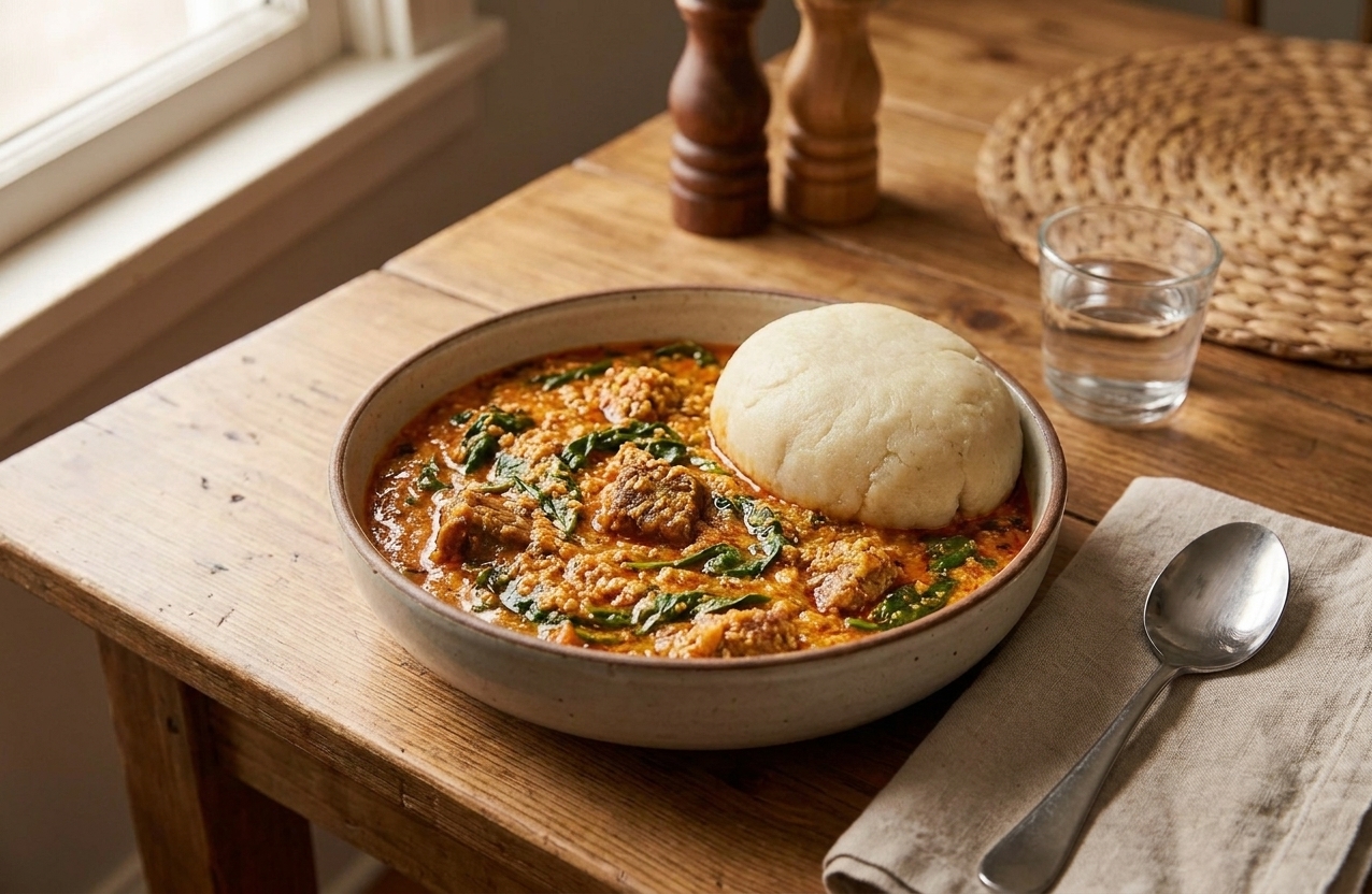 A bowl of egusi soup served on a dining table with a side of swallow, a spoon, and a simple cloth napkin in warm kitchen lighting