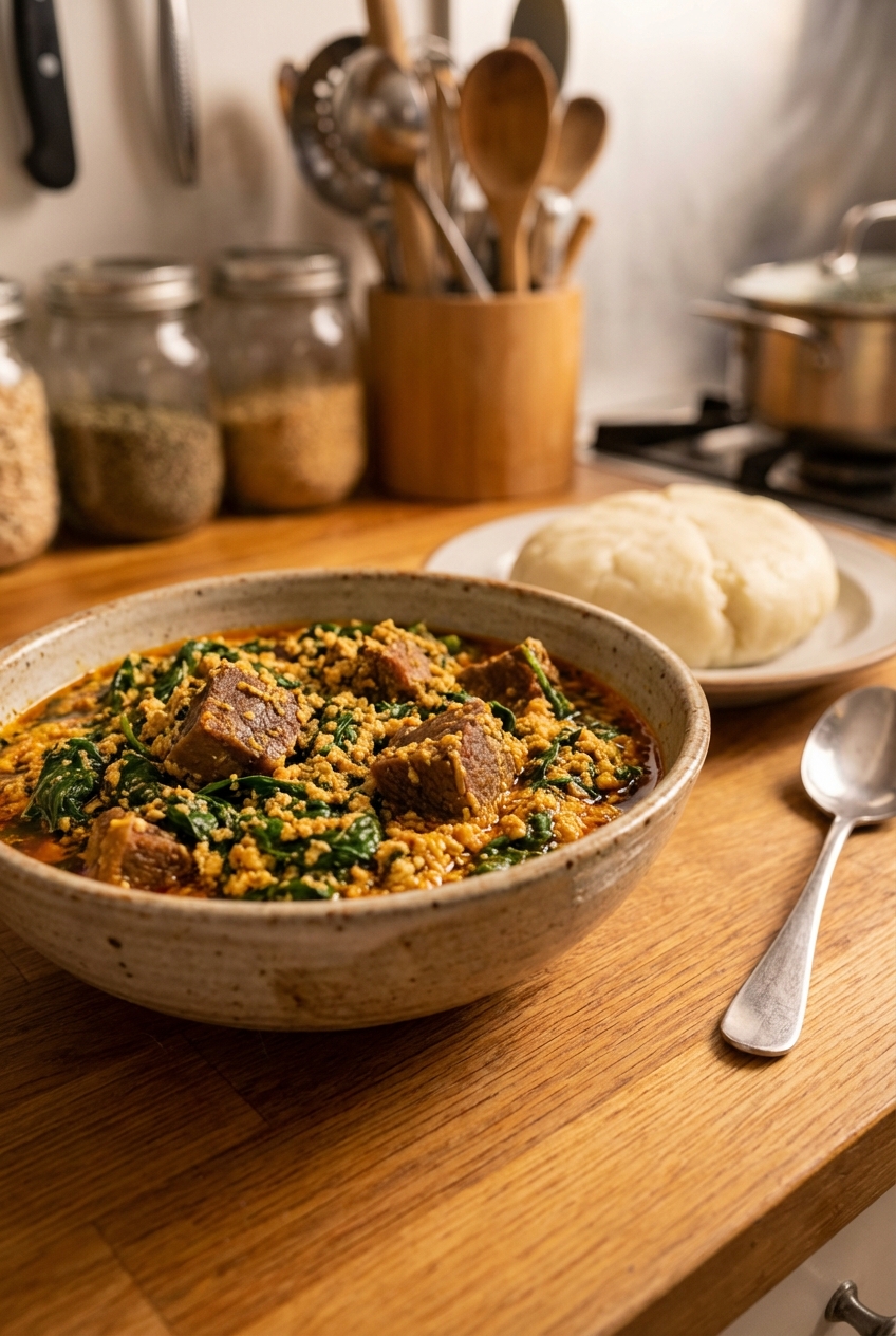 A bowl of egusi soup with spinach and beef on a table