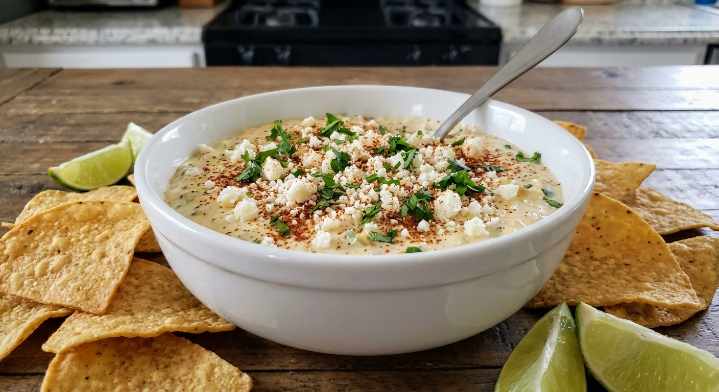 A bowl of elote dip topped with cotija and cilantro set on a wooden table with tortilla chips and lime wedges
