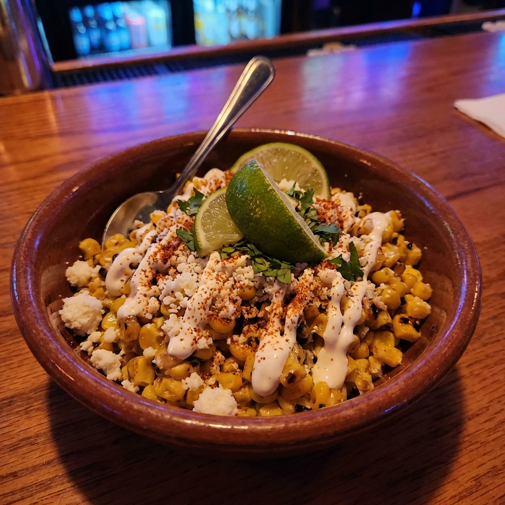 A bowl of elote-style corn salad with cotija and lime