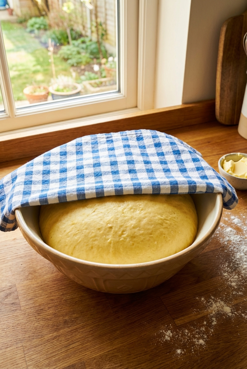 A bowl of enriched dough rising under a clean kitchen towel on a countertop near a window