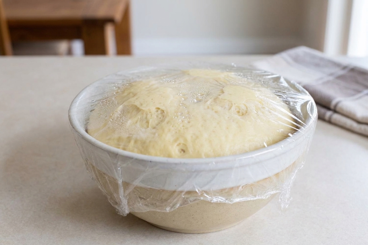 A bowl of enriched paczki dough rising under plastic wrap on a warm kitchen counter
