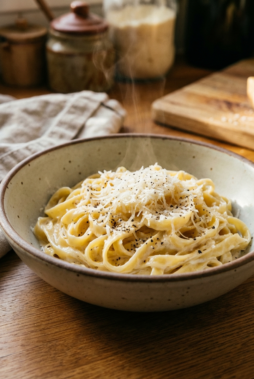 A bowl of fettuccine Alfredo coated in creamy sauce with grated Parmesan and cracked black pepper on top