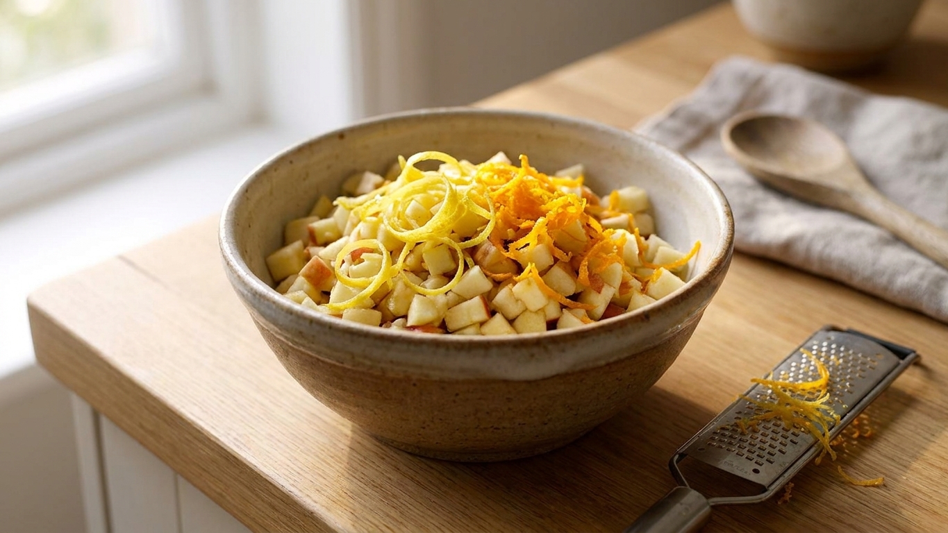 A bowl of finely chopped apples topped with fresh orange and lemon zest, sitting on a kitchen counter beside a zester