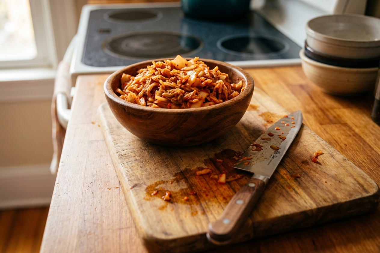A bowl of finely chopped kimchi on a cutting board with a chef's knife nearby, in a home kitchen setting