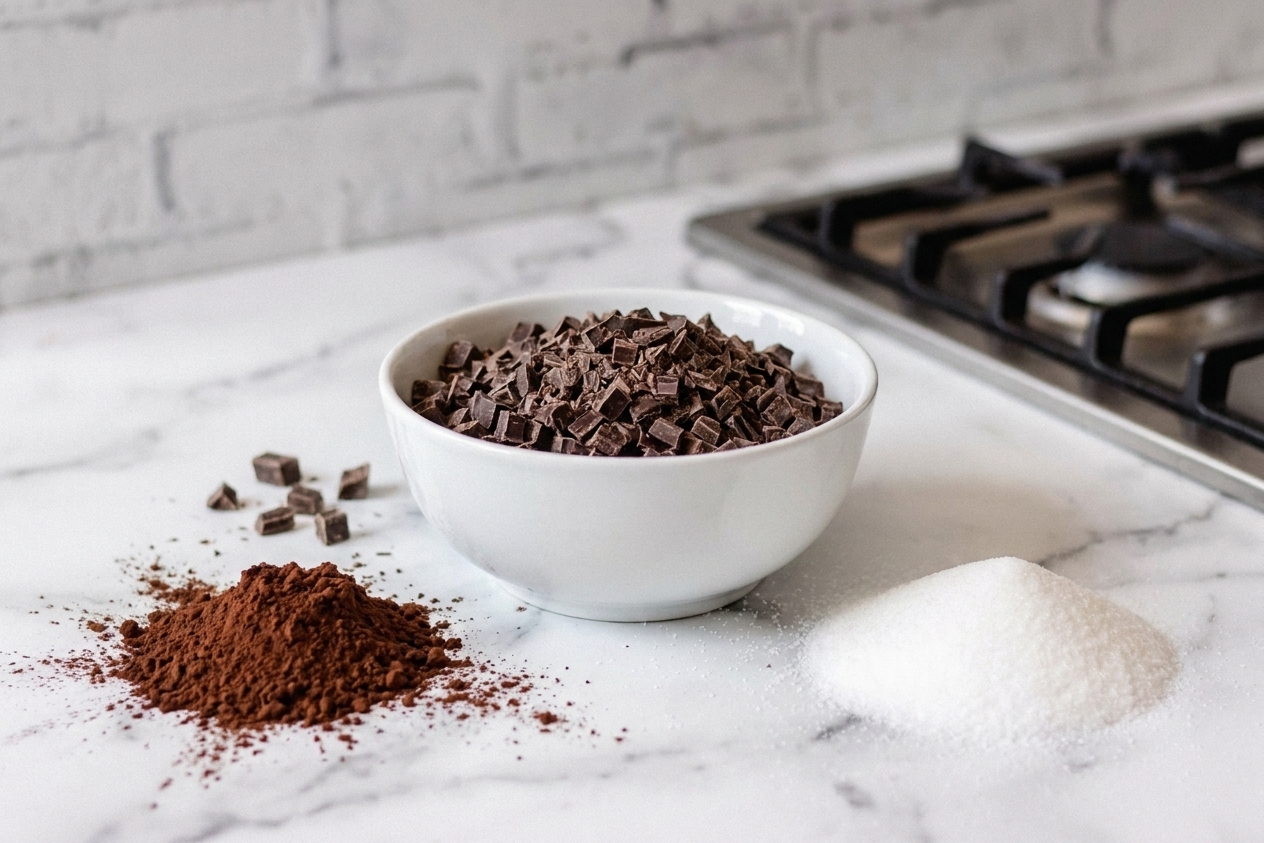 A bowl of finely chopped semi-sweet chocolate next to cocoa powder and sugar on a kitchen counter