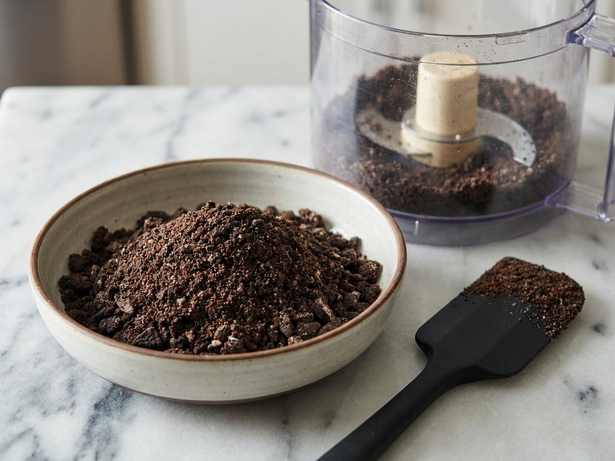 A bowl of finely crushed Oreo cookie crumbs on a kitchen counter next to a spatula and a food processor bowl