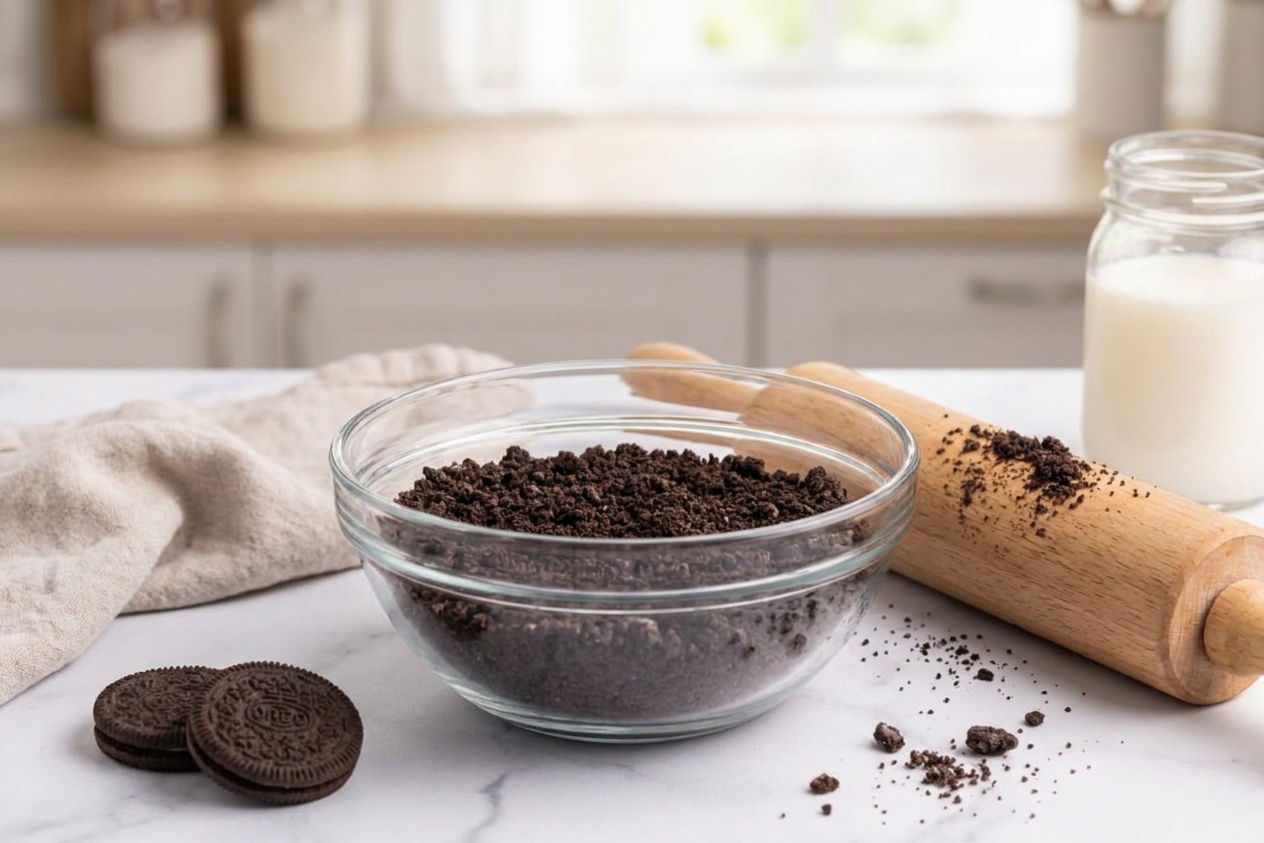 A bowl of finely crushed Oreo cookie crumbs on a kitchen counter with a rolling pin nearby