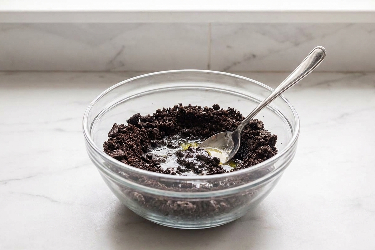 A bowl of finely crushed Oreo crumbs being mixed with melted butter with a spoon on a light-colored kitchen counter