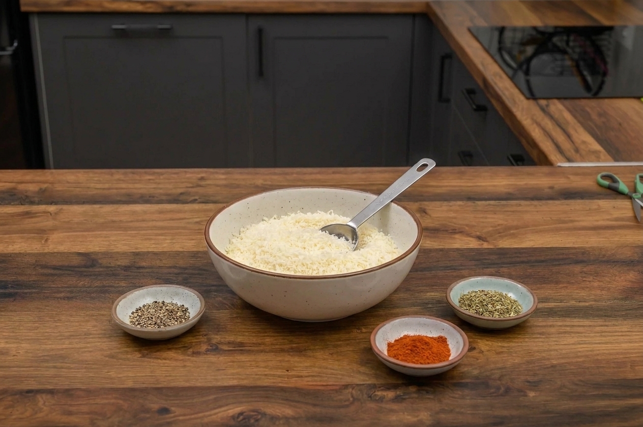 A bowl of finely grated Parmesan cheese on a kitchen counter with a measuring spoon and small bowls of seasonings nearby