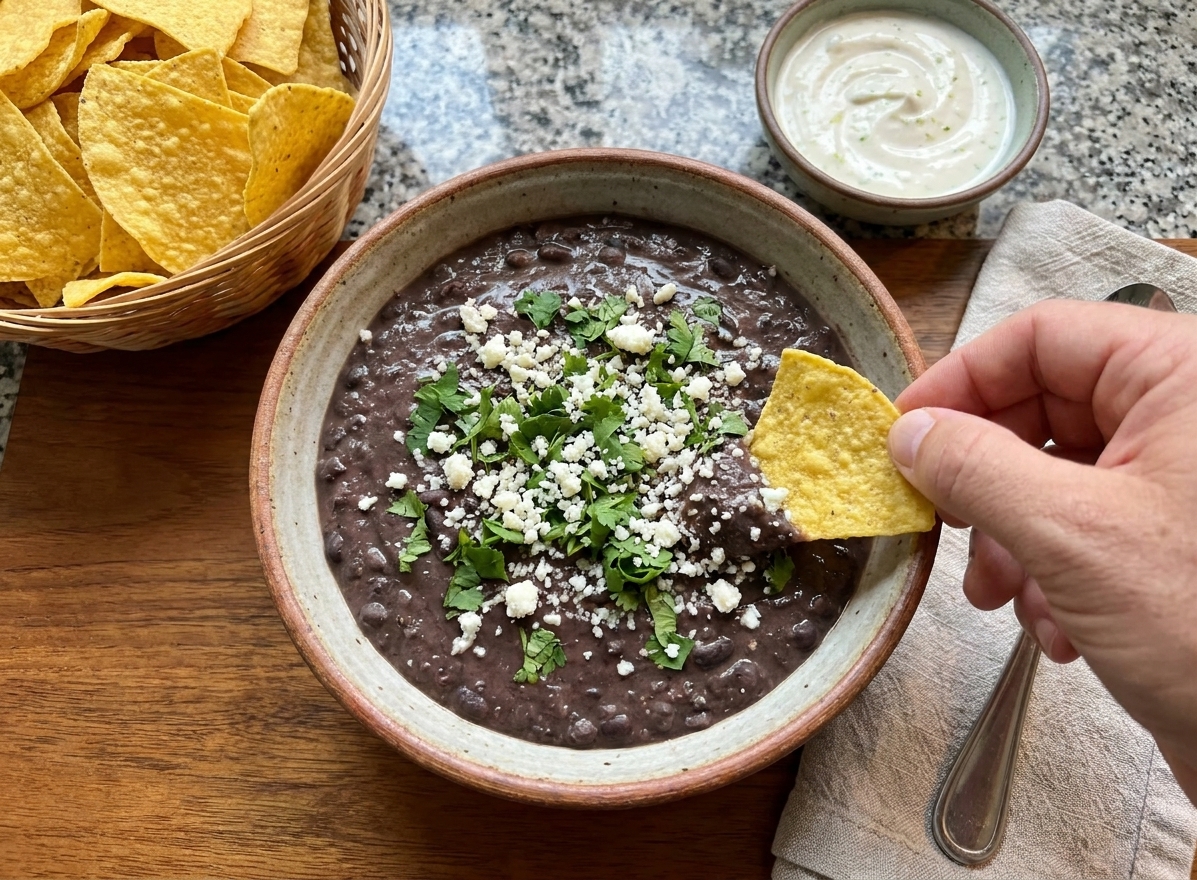 A bowl of finished black bean dip topped with cilantro and cotija on a dining table with tortilla chips nearby