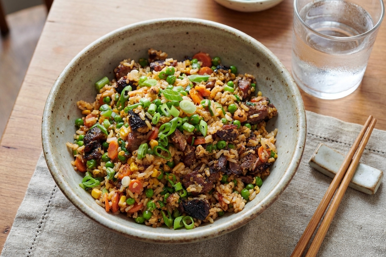 A bowl of finished fried rice topped with sliced green onions on a simple dinner table setting with chopsticks and a glass of water