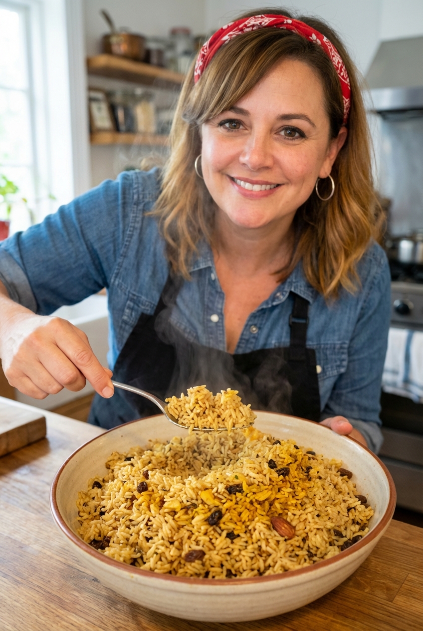 A bowl of finished spiced rice being fluffed with a fork with steam rising