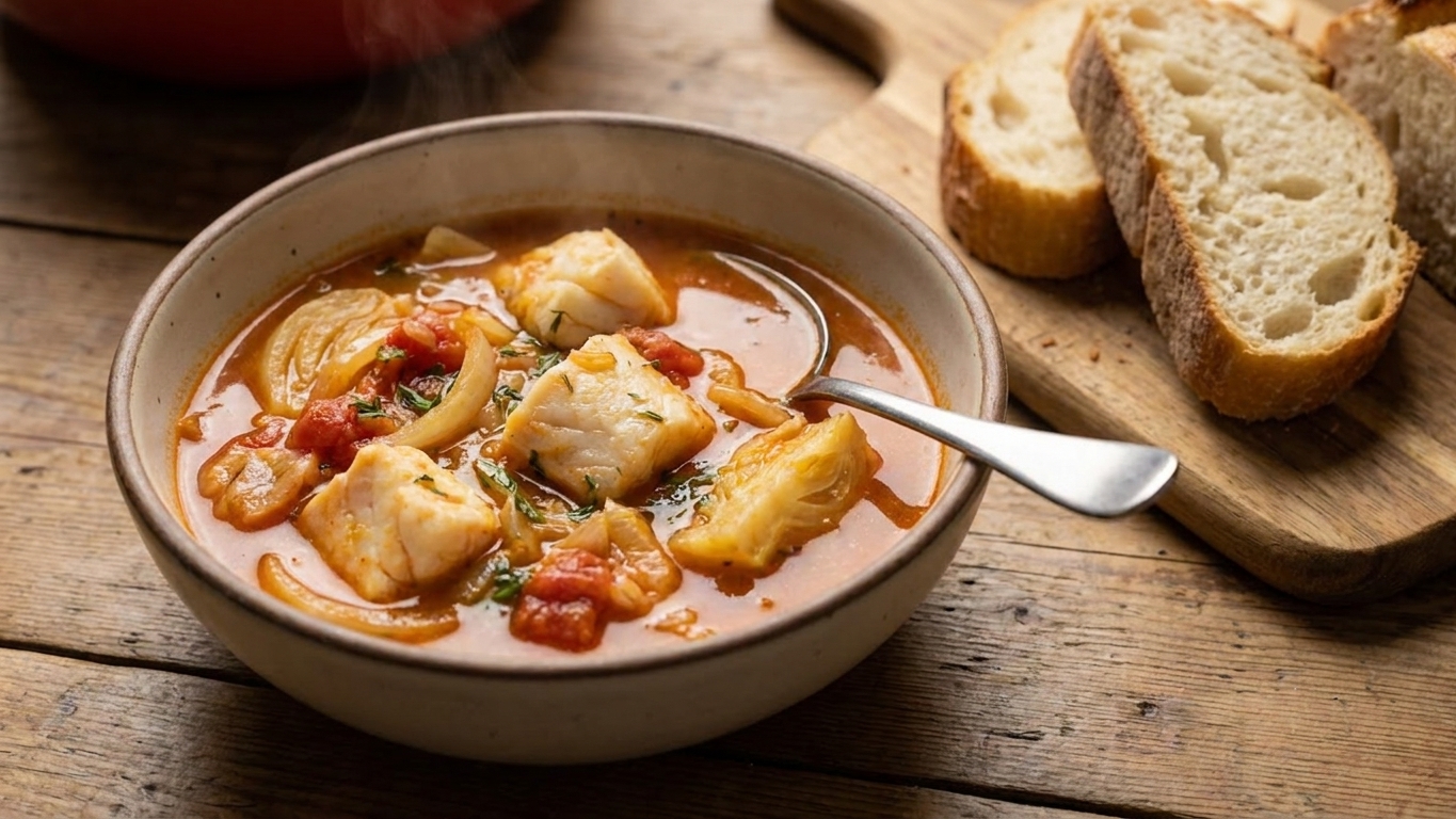 A bowl of fish soup on a table with a spoon and slices of crusty bread, warm kitchen lighting