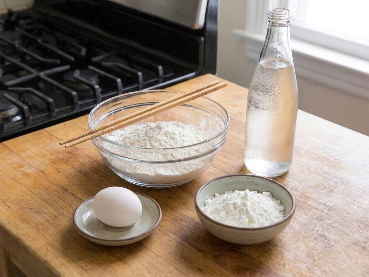 A bowl of flour, a small bowl of cornstarch, an egg, a bottle of sparkling water, and chopsticks arranged on a bright kitchen counter