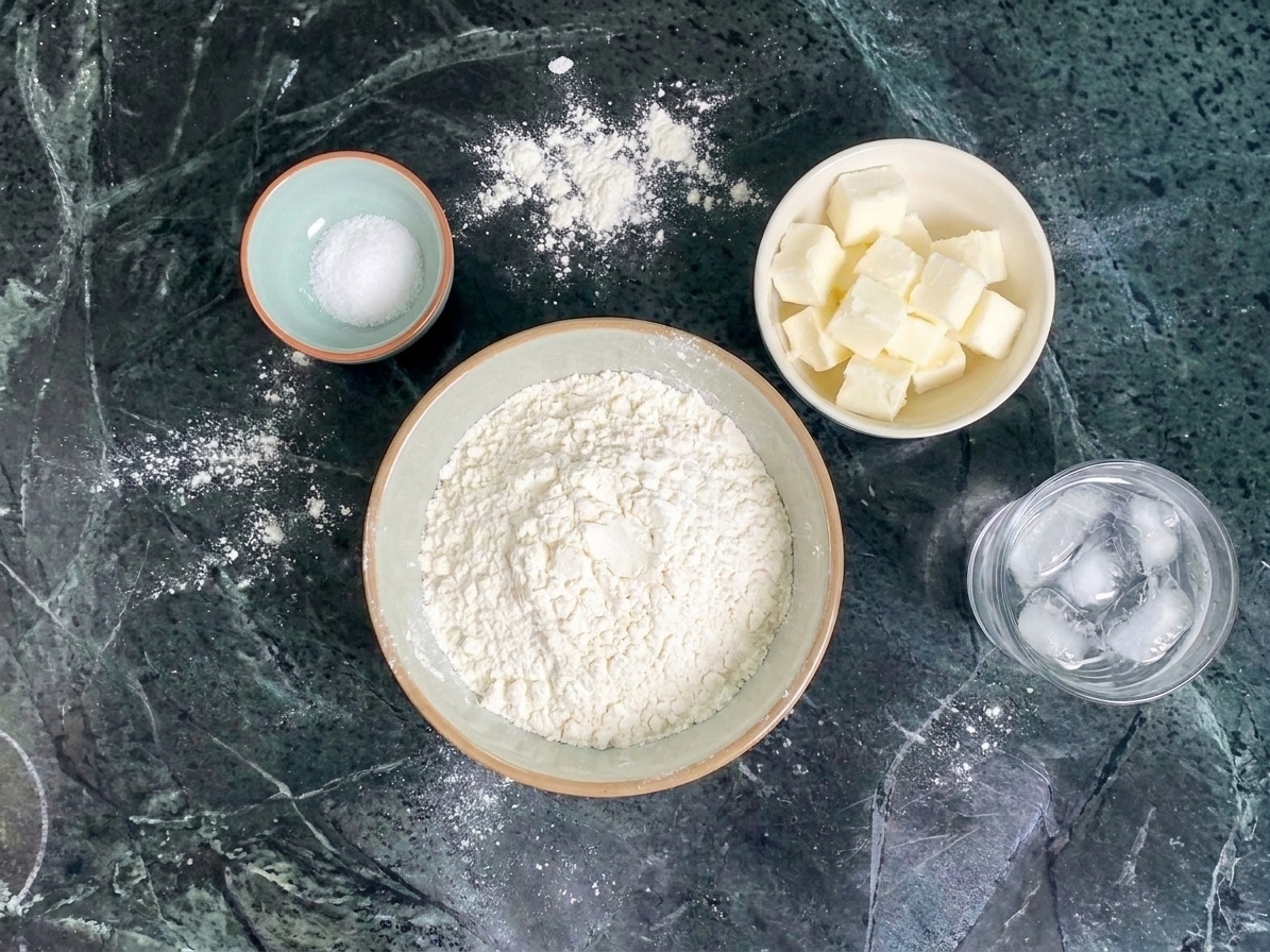 A bowl of flour and salt beside a bowl of cold vegetable shortening and a glass of ice water on a clean kitchen counter