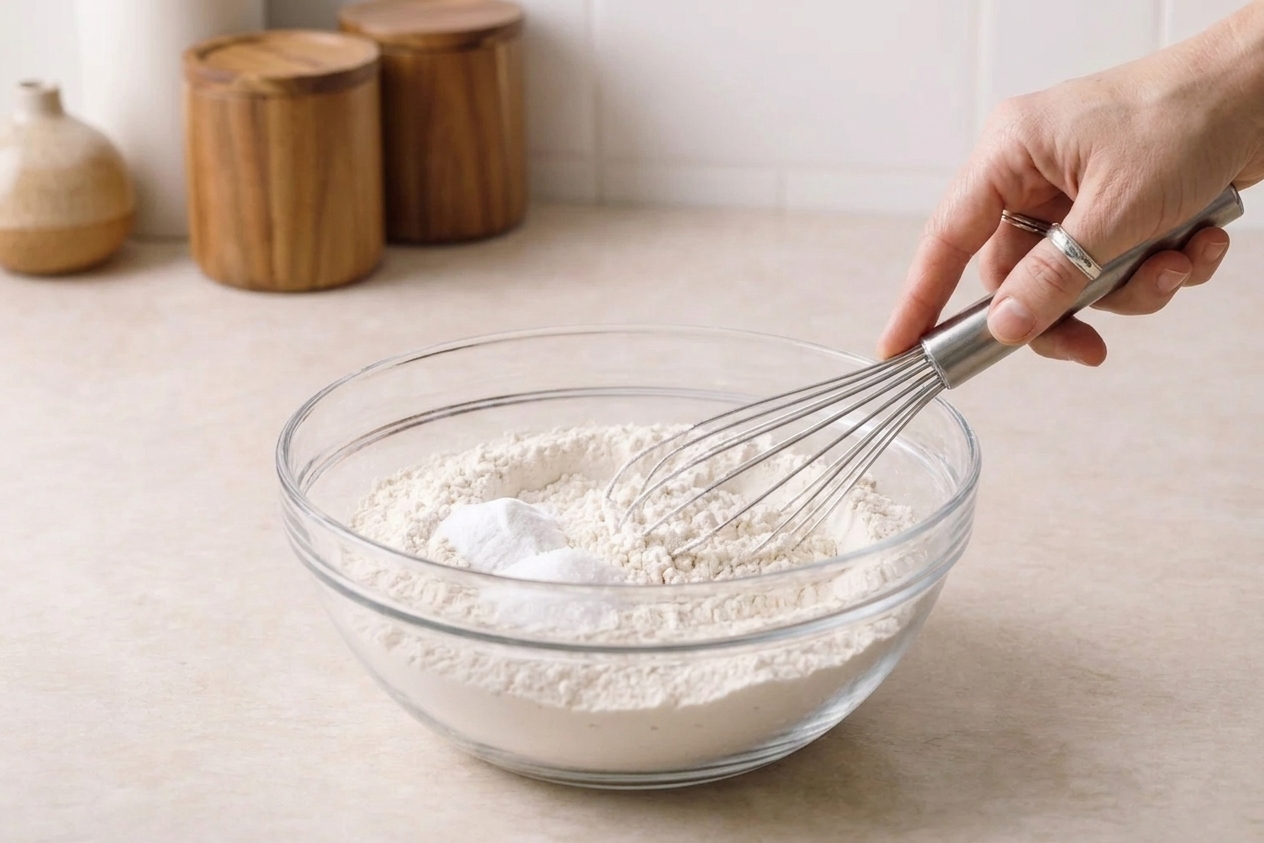 A bowl of flour, baking soda, and salt being whisked together on a kitchen counter