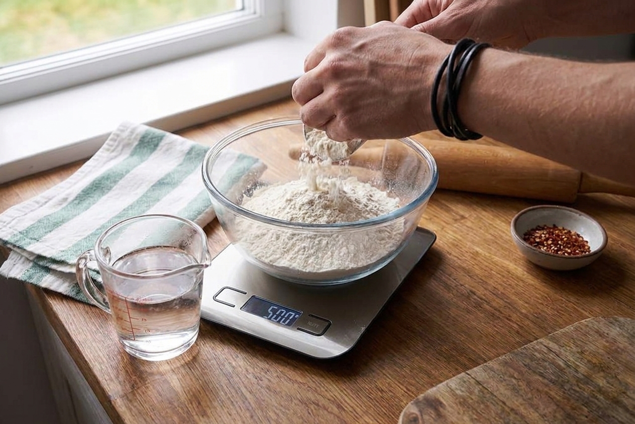 A bowl of flour being weighed on a digital kitchen scale on a home kitchen counter with warm water in a measuring cup nearby