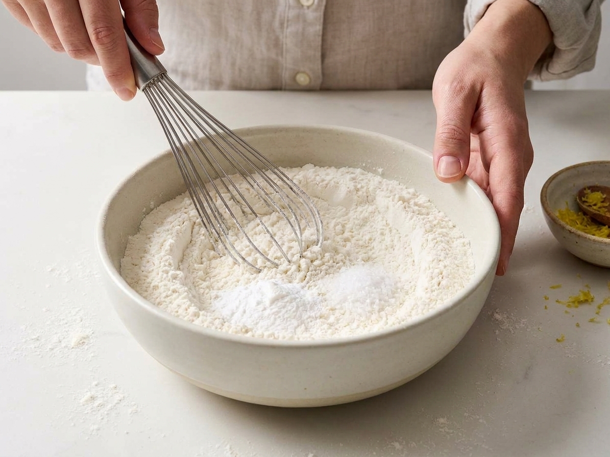 A bowl of flour being whisked with baking powder and salt on a kitchen counter