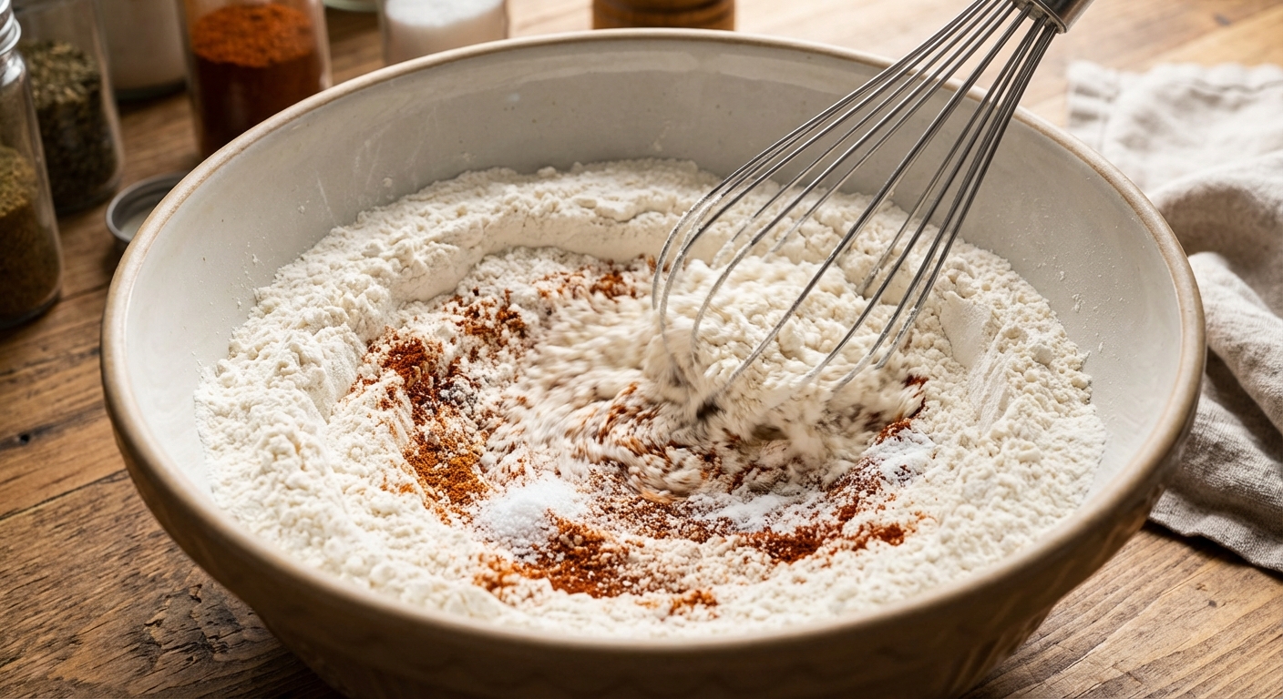 A bowl of flour being whisked with baking powder, salt, smoked paprika, and cayenne