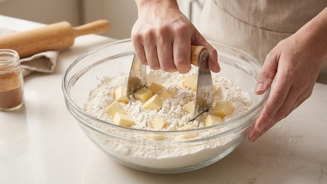 A bowl of flour mixture with cold butter cubes being cut in with a pastry cutter on a kitchen counter