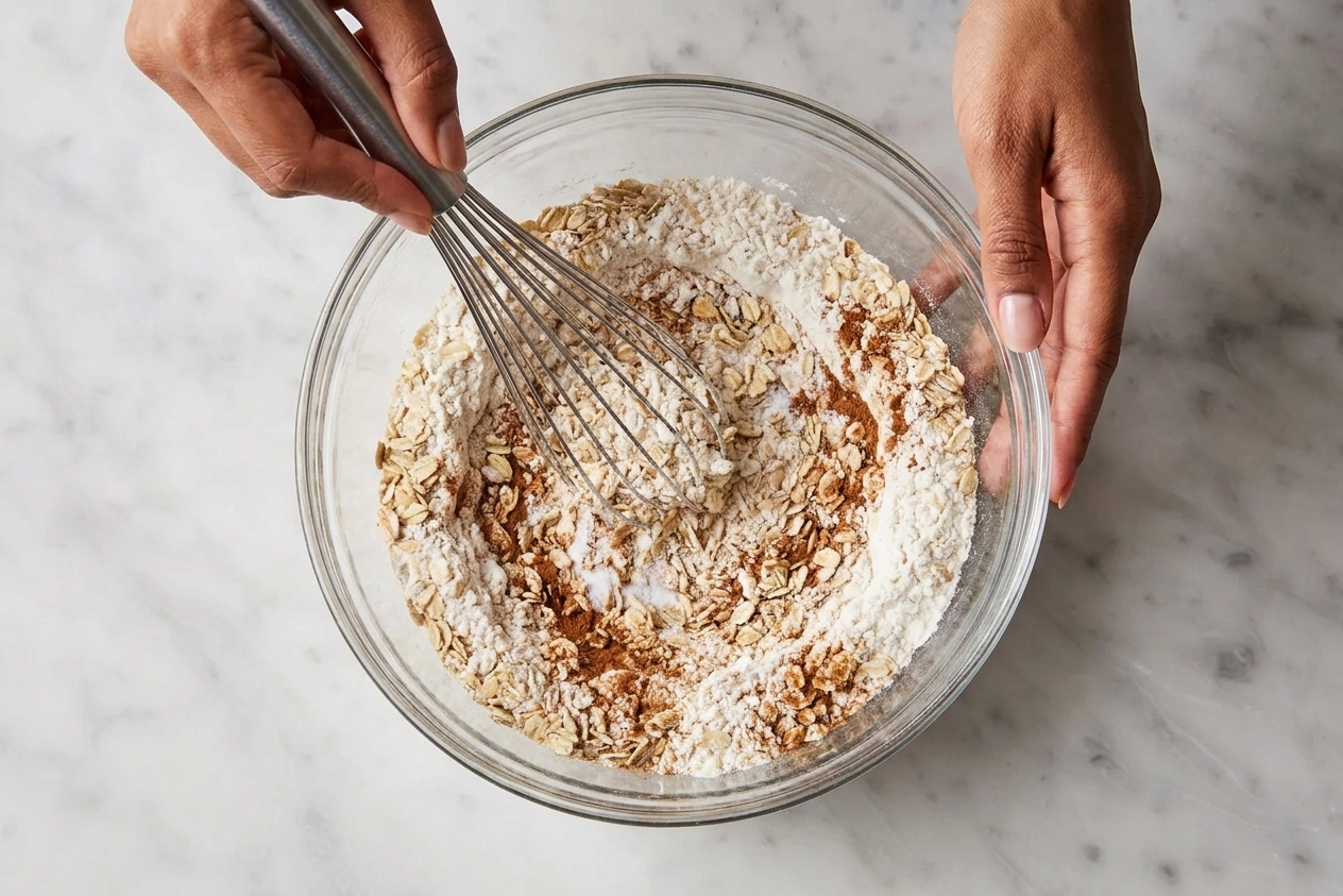 A bowl of flour, rolled oats, cinnamon, salt, and baking soda being whisked together on a countertop