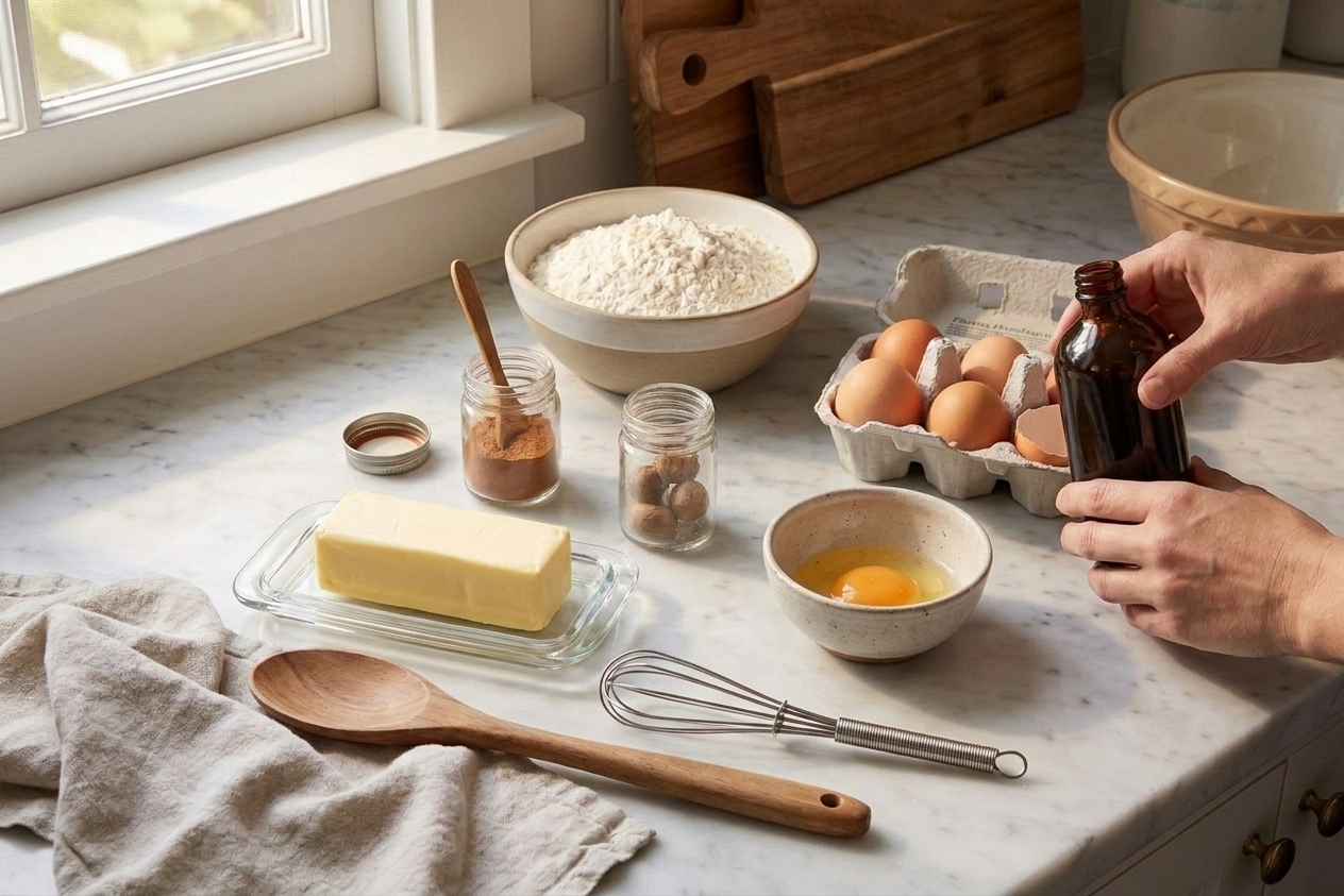 A bowl of flour with cinnamon and nutmeg nearby, plus butter, eggs, and vanilla on a clean kitchen counter ready for baking