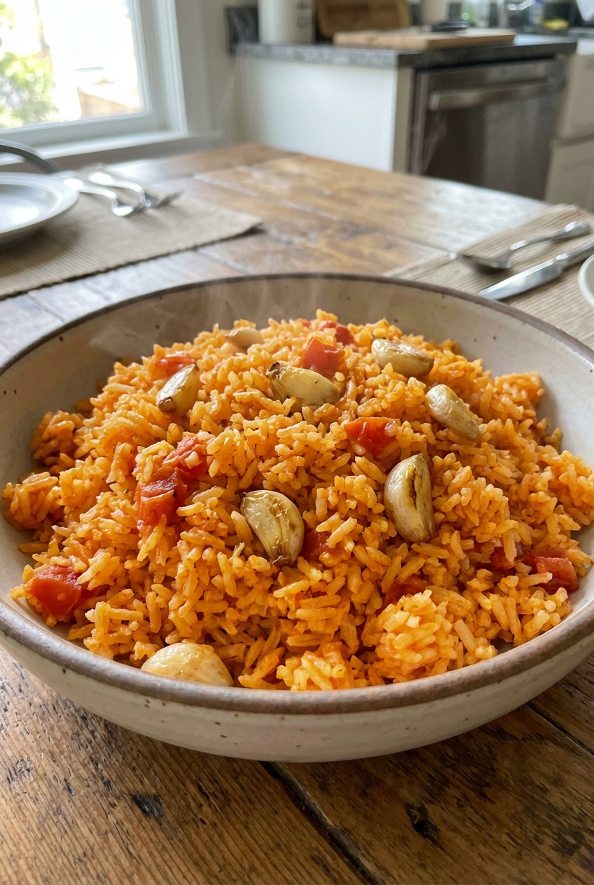 A bowl of fluffy Mexican rice with tomato and garlic on a dinner table