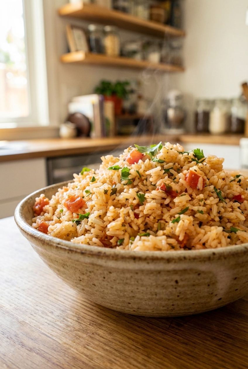 A bowl of fluffy Mexican rice with tomato and herbs