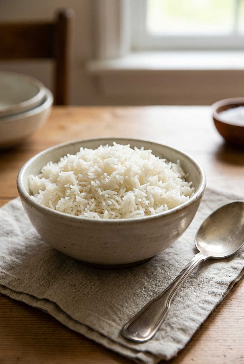 A bowl of fluffy basmati rice with a spoon beside it on a linen napkin