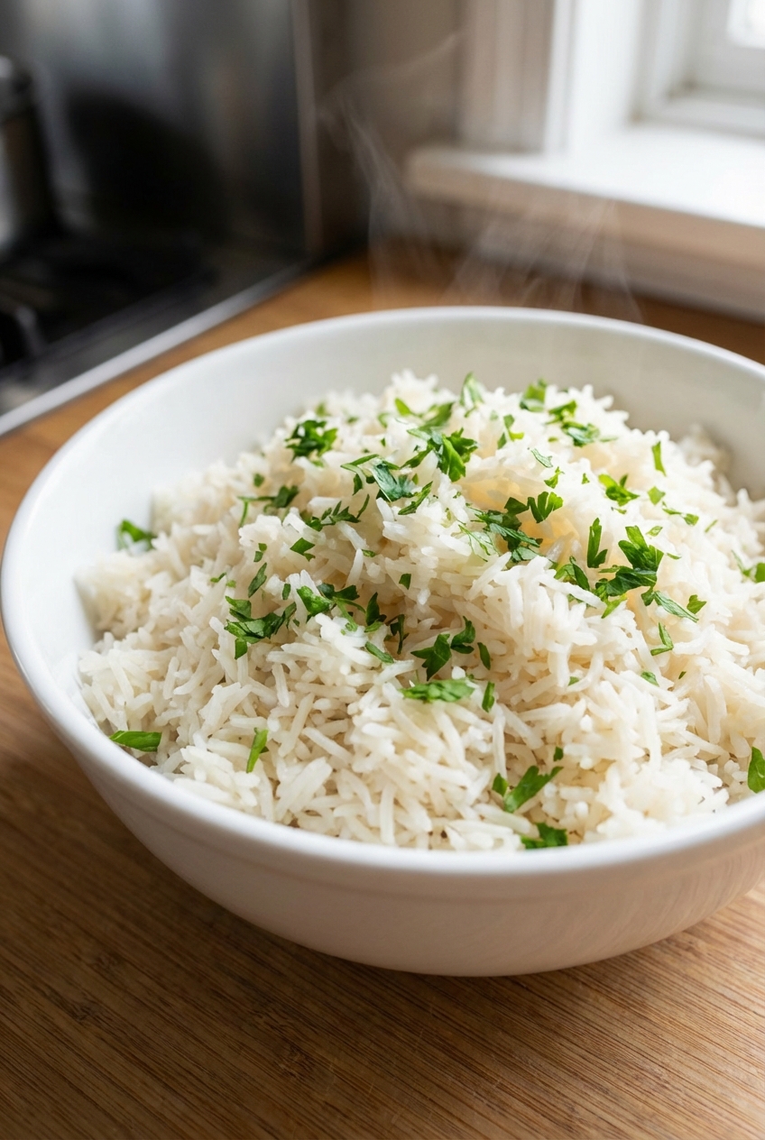 A bowl of fluffy basmati rice with parsley in a white bowl