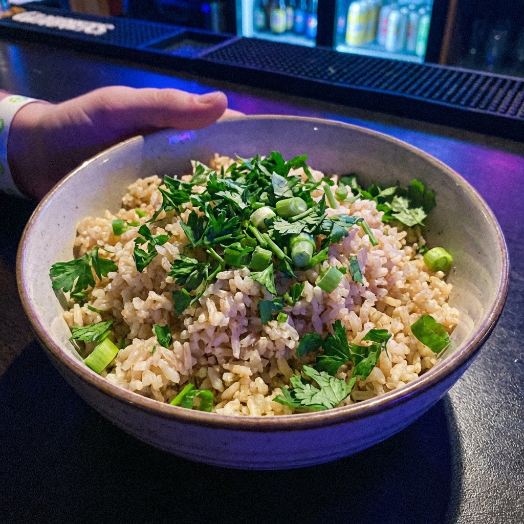 A bowl of fluffy brown rice with chopped herbs