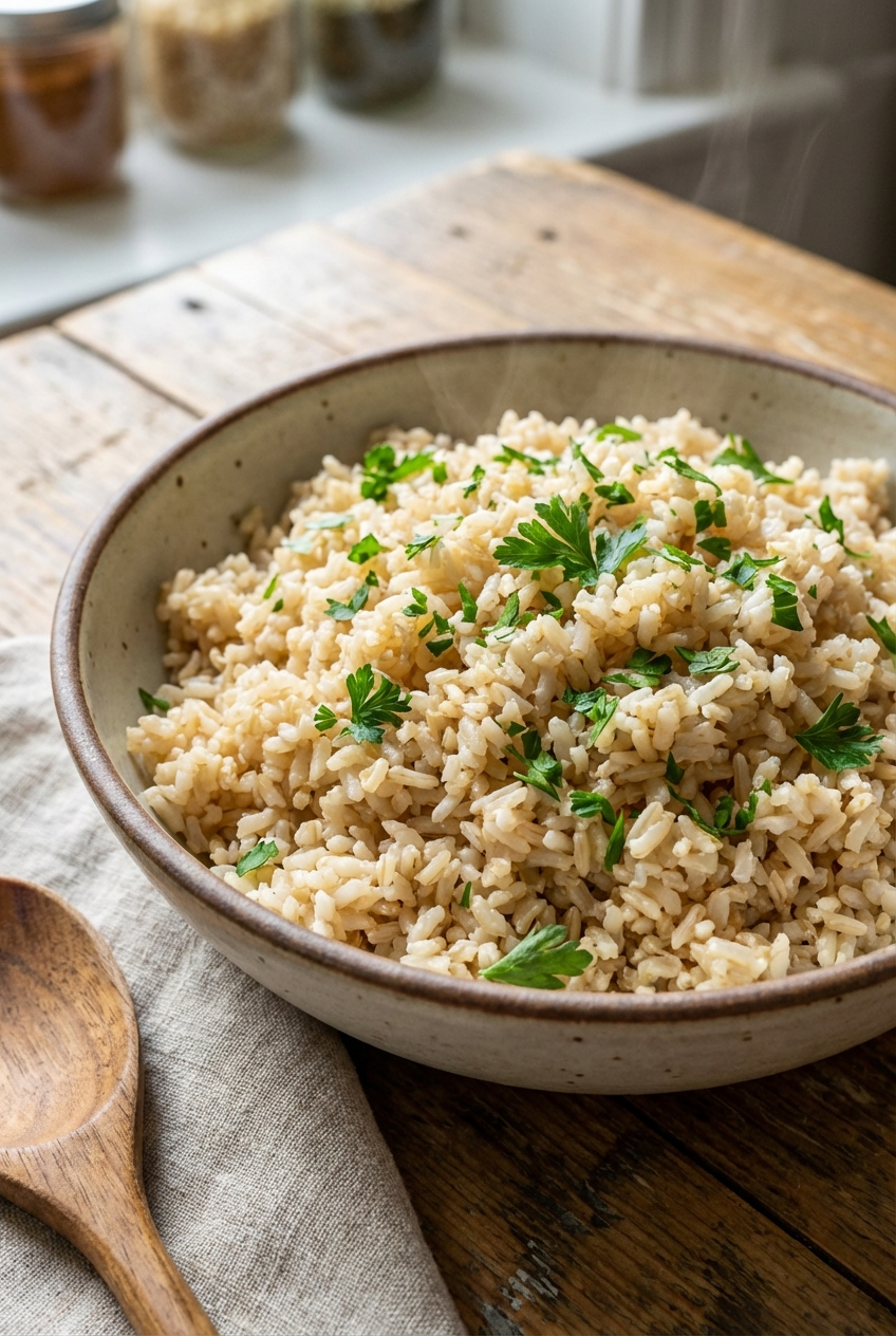 A bowl of fluffy brown rice with chopped parsley