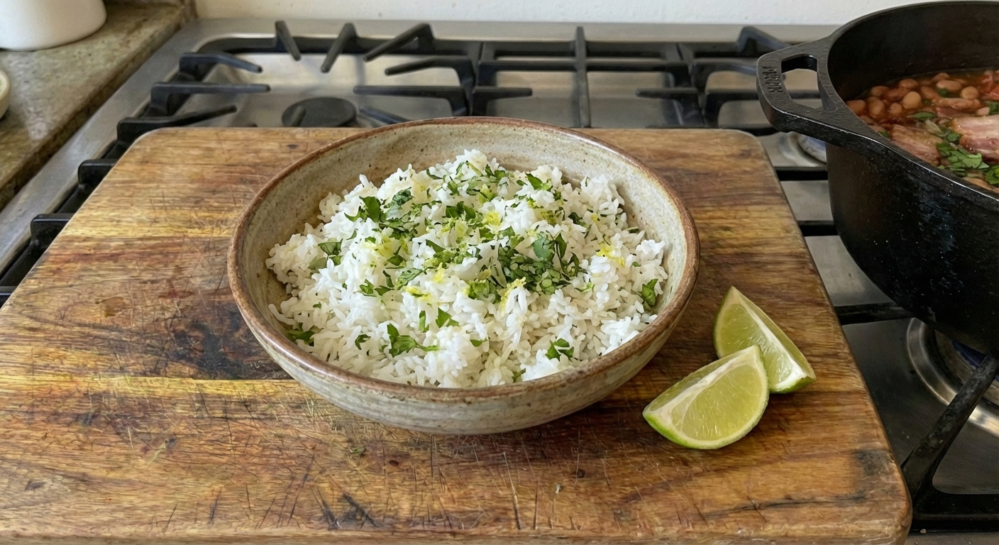 A bowl of fluffy cilantro lime rice with chopped cilantro and lime wedges beside it